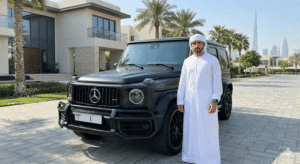 Sheikh Hamdan's custom Mercedes G63 AMG with the famous 'Dubai 1' license plate parked near a superyacht.