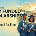 A high-quality illustration of four diverse international graduates in caps and gowns holding globes in front of a university campus with flags. Large text overlay reads: "THE ULTIMATE GUIDE FULLY FUNDED SCHOLARSHIPS 2026: Study Abroad for Free!".