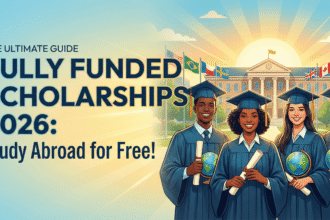 A high-quality illustration of four diverse international graduates in caps and gowns holding globes in front of a university campus with flags. Large text overlay reads: "THE ULTIMATE GUIDE FULLY FUNDED SCHOLARSHIPS 2026: Study Abroad for Free!".