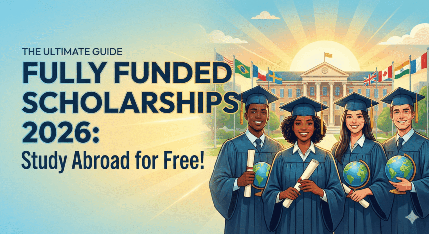 A high-quality illustration of four diverse international graduates in caps and gowns holding globes in front of a university campus with flags. Large text overlay reads: "THE ULTIMATE GUIDE FULLY FUNDED SCHOLARSHIPS 2026: Study Abroad for Free!".