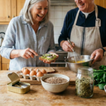 A active senior couple in a sunlit kitchen preparing affordable superfoods like sardines, eggs, and berries, illustrating the 2026 Healthspan Diet to prevent muscle loss and brain fog."
