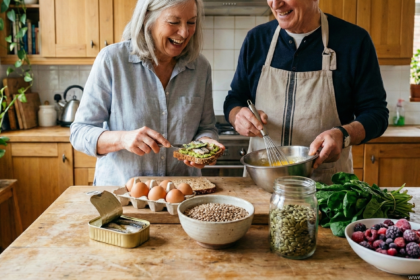 A active senior couple in a sunlit kitchen preparing affordable superfoods like sardines, eggs, and berries, illustrating the 2026 Healthspan Diet to prevent muscle loss and brain fog."