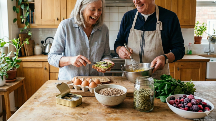 A active senior couple in a sunlit kitchen preparing affordable superfoods like sardines, eggs, and berries, illustrating the 2026 Healthspan Diet to prevent muscle loss and brain fog."