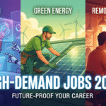 A triptych illustration showing three sectors of high-demand jobs in 2026: A woman in Tech & AI, a man in Green Energy installing solar panels, and a person working remotely on a laptop. Large text reads "HIGH-DEMAND JOBS 2026: FUTURE-PROOF YOUR CAREER". The www.foodsuse.com watermark is in the bottom right.