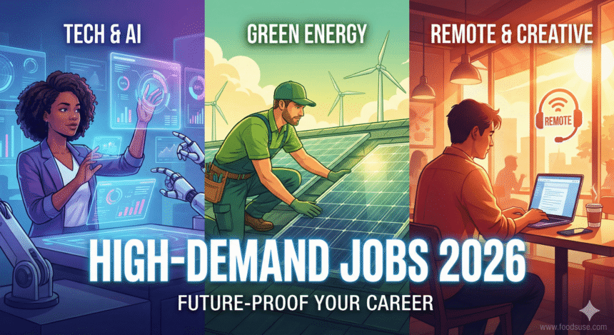 A triptych illustration showing three sectors of high-demand jobs in 2026: A woman in Tech & AI, a man in Green Energy installing solar panels, and a person working remotely on a laptop. Large text reads "HIGH-DEMAND JOBS 2026: FUTURE-PROOF YOUR CAREER". The www.foodsuse.com watermark is in the bottom right.