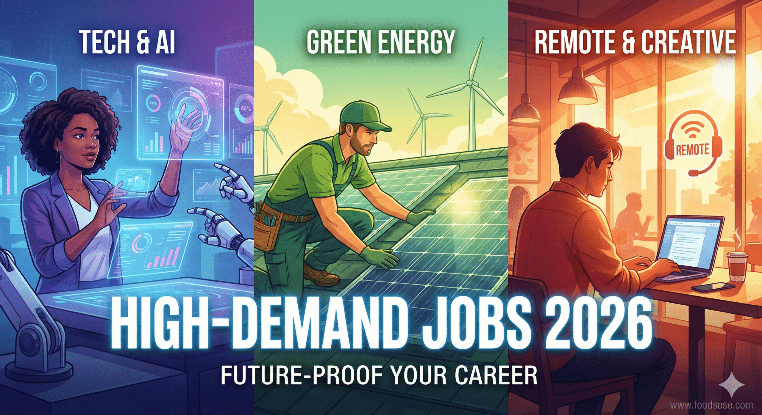 A triptych illustration showing three sectors of high-demand jobs in 2026: A woman in Tech & AI, a man in Green Energy installing solar panels, and a person working remotely on a laptop. Large text reads "HIGH-DEMAND JOBS 2026: FUTURE-PROOF YOUR CAREER". The www.foodsuse.com watermark is in the bottom right.