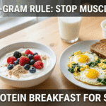 "A healthy, high-protein breakfast spread featuring Greek yogurt with berries and spinach scrambled eggs, illustrating the '30-Gram Rule' to prevent muscle loss for seniors. Text overlays include the article title and foodsuse.com watermark."