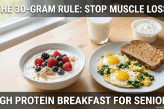 "A healthy, high-protein breakfast spread featuring Greek yogurt with berries and spinach scrambled eggs, illustrating the '30-Gram Rule' to prevent muscle loss for seniors. Text overlays include the article title and foodsuse.com watermark."
