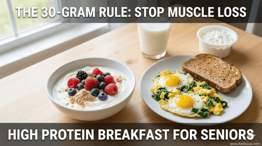 "A healthy, high-protein breakfast spread featuring Greek yogurt with berries and spinach scrambled eggs, illustrating the '30-Gram Rule' to prevent muscle loss for seniors. Text overlays include the article title and foodsuse.com watermark."