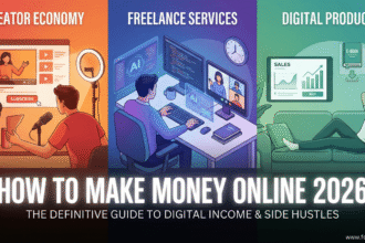 A triptych illustration detailing three paths to online income in 2026: The Creator Economy (video production), Freelance Services (AI and coding), and Digital Products (passive income sales on a tablet). Large text overlay reads: "HOW TO MAKE MONEY ONLINE 2026: THE DEFINITIVE GUIDE TO DIGITAL INCOME & SIDE HUSTLES". Contains www.foodsuse.com watermark.