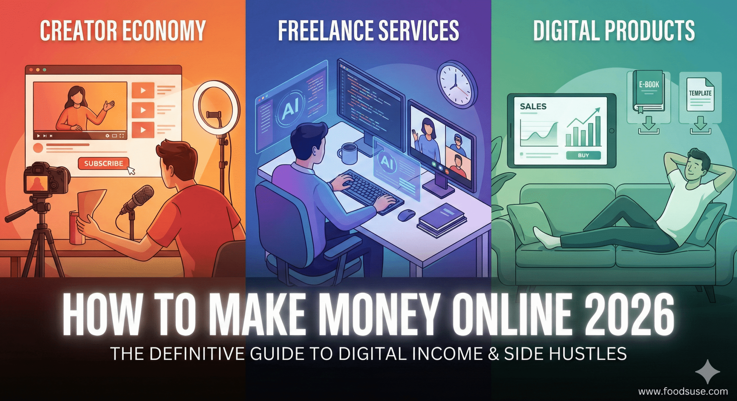 A triptych illustration detailing three paths to online income in 2026: The Creator Economy (video production), Freelance Services (AI and coding), and Digital Products (passive income sales on a tablet). Large text overlay reads: "HOW TO MAKE MONEY ONLINE 2026: THE DEFINITIVE GUIDE TO DIGITAL INCOME & SIDE HUSTLES". Contains www.foodsuse.com watermark.