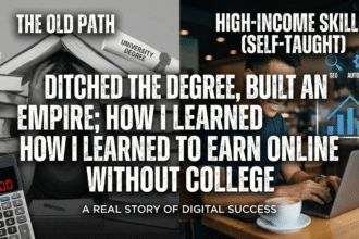 Split screen comparison: Left side shows a student buried in books with a calculator showing $40,000 debt; Right side shows a happy digital marketer working on a laptop with SEO and revenue growth charts, representing self-taught success.
