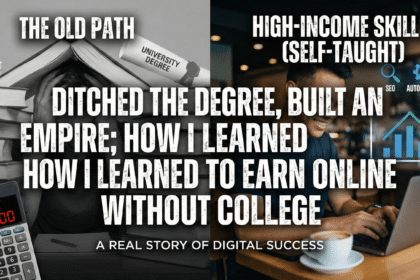 Split screen comparison: Left side shows a student buried in books with a calculator showing $40,000 debt; Right side shows a happy digital marketer working on a laptop with SEO and revenue growth charts, representing self-taught success.