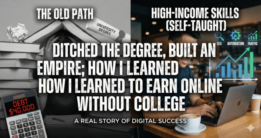 Split screen comparison: Left side shows a student buried in books with a calculator showing $40,000 debt; Right side shows a happy digital marketer working on a laptop with SEO and revenue growth charts, representing self-taught success.