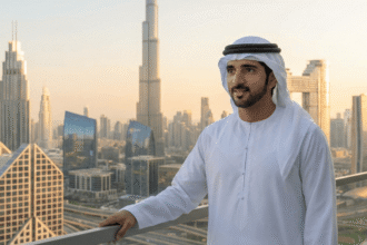 Official portrait of Sheikh Hamdan bin Mohammed Al Maktoum (Fazza) wearing traditional white kandura and gutra.