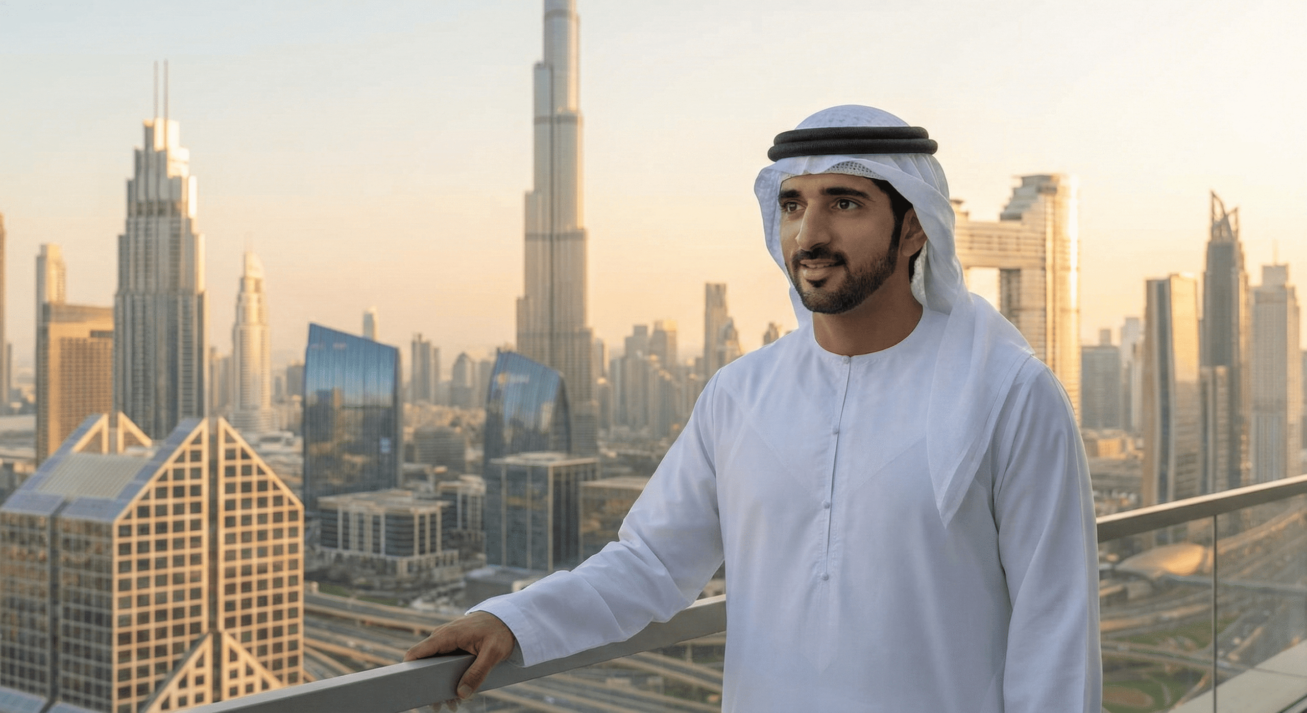 Official portrait of Sheikh Hamdan bin Mohammed Al Maktoum (Fazza) wearing traditional white kandura and gutra.