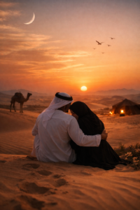 Romantic desert sunset scene of a couple sitting on sand dunes, inspired by Faz3-style emotional love poetry