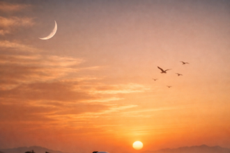 Romantic desert sunset scene of a couple sitting on sand dunes, inspired by Faz3-style emotional love poetry