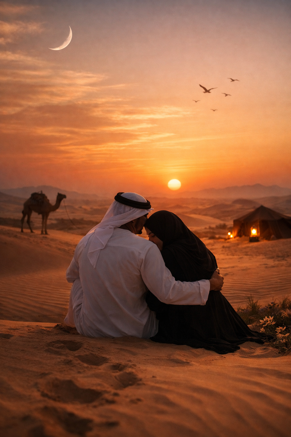 Romantic desert sunset scene of a couple sitting on sand dunes, inspired by Faz3-style emotional love poetry