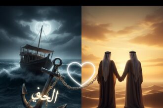 A split-screen digital art piece showing a heavy iron anchor in a stormy sea with Arabic calligraphy on the left, and two men in traditional Emirati dress walking together in a golden desert sunset on the right, connected by a glowing heart chain.
