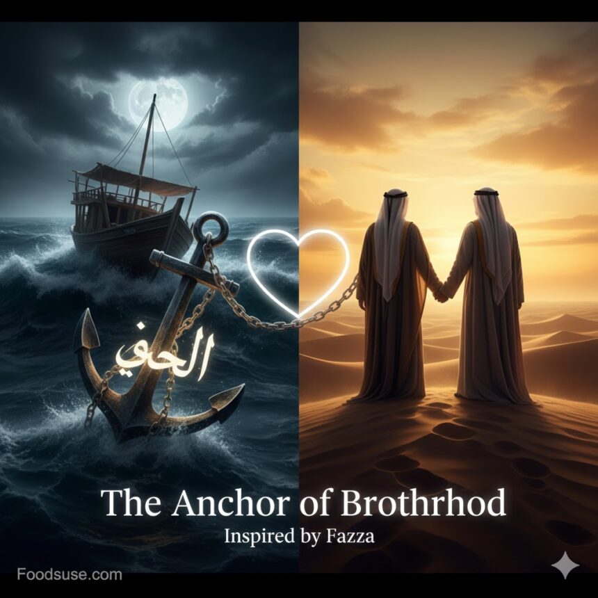 A split-screen digital art piece showing a heavy iron anchor in a stormy sea with Arabic calligraphy on the left, and two men in traditional Emirati dress walking together in a golden desert sunset on the right, connected by a glowing heart chain.