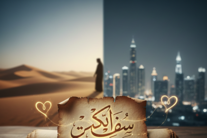 An artistic representation of a Fazza inspired poem on an ancient scroll, featuring Arabic calligraphy and the English title "Love and Loyalty," set against a split background of the Dubai desert and the modern city skyline at night.