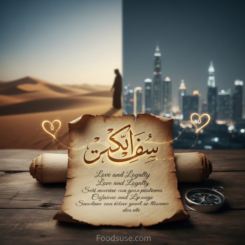 An artistic representation of a Fazza inspired poem on an ancient scroll, featuring Arabic calligraphy and the English title "Love and Loyalty," set against a split background of the Dubai desert and the modern city skyline at night.