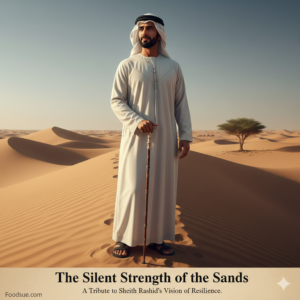 A realistic AI-generated depiction of a dignified Emirati leader in traditional attire standing on a desert dune in the mid-20th century, holding a walking stick, with a single Ghaf tree in the background, symbolizing patience and the legacy of the UAE royal family.