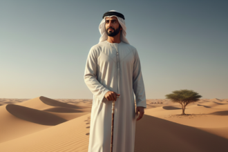 A realistic AI-generated depiction of a dignified Emirati leader in traditional attire standing on a desert dune in the mid-20th century, holding a walking stick, with a single Ghaf tree in the background, symbolizing patience and the legacy of the UAE royal family.