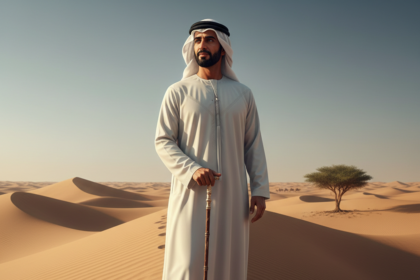 A realistic AI-generated depiction of a dignified Emirati leader in traditional attire standing on a desert dune in the mid-20th century, holding a walking stick, with a single Ghaf tree in the background, symbolizing patience and the legacy of the UAE royal family.