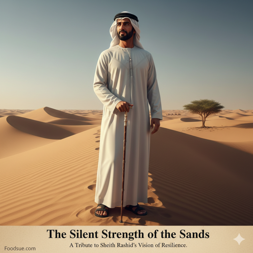 A realistic AI-generated depiction of a dignified Emirati leader in traditional attire standing on a desert dune in the mid-20th century, holding a walking stick, with a single Ghaf tree in the background, symbolizing patience and the legacy of the UAE royal family.