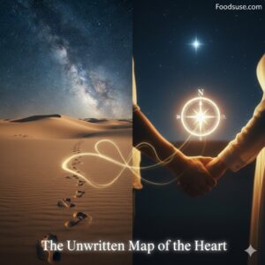 A two-panel artistic illustration for a poem. The left panel shows glowing footprints in a desert dune leading to a heart shape under the Milky Way. The right panel shows two hands holding a glowing compass and heart against a dark starry sky. Both contain the title "THE UNWRITTEN MAP OF THE HEART" and text indicating it is inspired by Fazza's poetic style about soul connections.