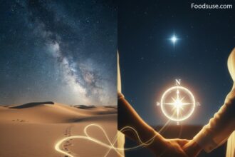 A two-panel artistic illustration for a poem. The left panel shows glowing footprints in a desert dune leading to a heart shape under the Milky Way. The right panel shows two hands holding a glowing compass and heart against a dark starry sky. Both contain the title "THE UNWRITTEN MAP OF THE HEART" and text indicating it is inspired by Fazza's poetic style about soul connections.