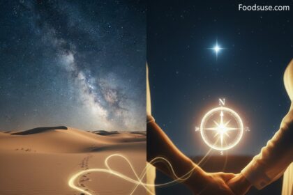 A two-panel artistic illustration for a poem. The left panel shows glowing footprints in a desert dune leading to a heart shape under the Milky Way. The right panel shows two hands holding a glowing compass and heart against a dark starry sky. Both contain the title "THE UNWRITTEN MAP OF THE HEART" and text indicating it is inspired by Fazza's poetic style about soul connections.