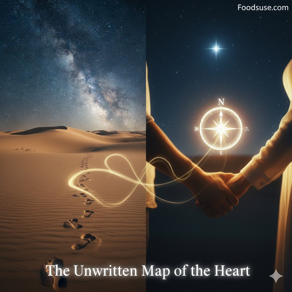 A two-panel artistic illustration for a poem. The left panel shows glowing footprints in a desert dune leading to a heart shape under the Milky Way. The right panel shows two hands holding a glowing compass and heart against a dark starry sky. Both contain the title "THE UNWRITTEN MAP OF THE HEART" and text indicating it is inspired by Fazza's poetic style about soul connections.