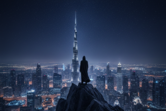 A cinematic view of a solitary figure in a dark cloak standing on a rocky mountain peak overlooking the glowing Dubai city skyline and the Burj Khalifa at night under a starry sky.