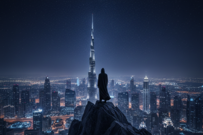 A cinematic view of a solitary figure in a dark cloak standing on a rocky mountain peak overlooking the glowing Dubai city skyline and the Burj Khalifa at night under a starry sky.
