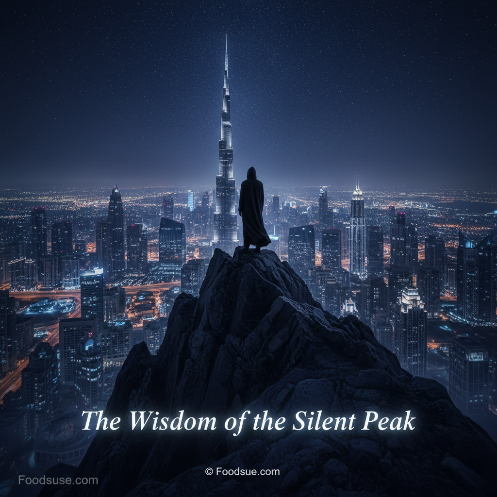 A cinematic view of a solitary figure in a dark cloak standing on a rocky mountain peak overlooking the glowing Dubai city skyline and the Burj Khalifa at night under a starry sky.