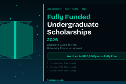A geometric open book with teal accents and sparkles on a dark background representing fully funded undergraduate scholarships in 2026 for free university education abroad