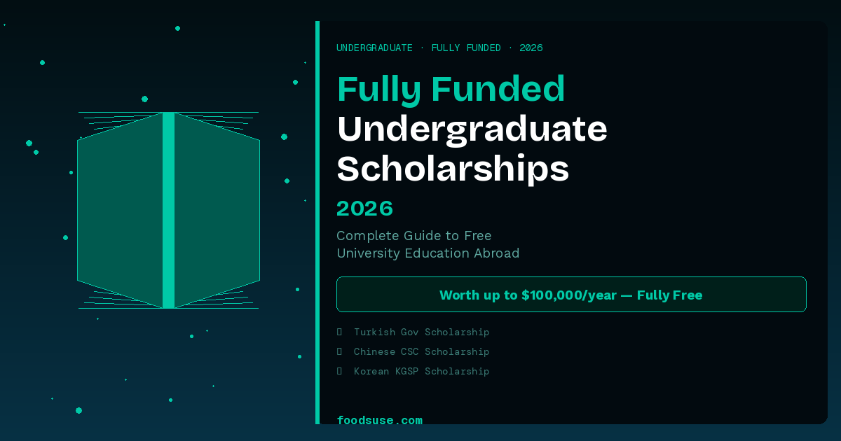 A geometric open book with teal accents and sparkles on a dark background representing fully funded undergraduate scholarships in 2026 for free university education abroad