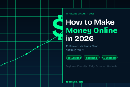 A rising green trend line graph on a dark tech grid background with a dollar sign illustrating 15 proven ways to make money online in 2026