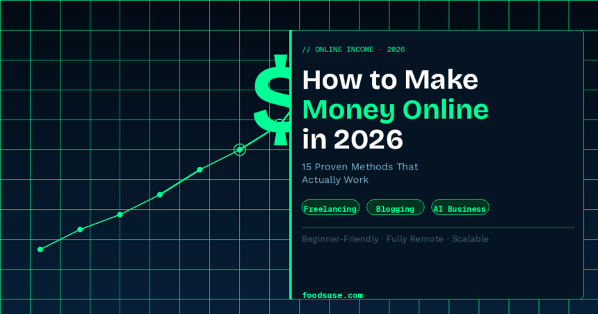 A rising green trend line graph on a dark tech grid background with a dollar sign illustrating 15 proven ways to make money online in 2026