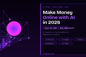 A purple neural network with glowing nodes and the letters AI representing realistic ways to make money online using artificial intelligence tools in 2026
