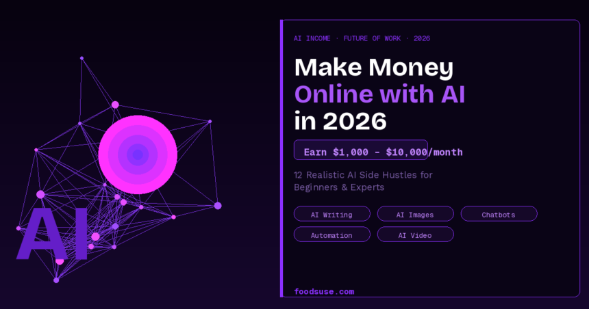 A purple neural network with glowing nodes and the letters AI representing realistic ways to make money online using artificial intelligence tools in 2026