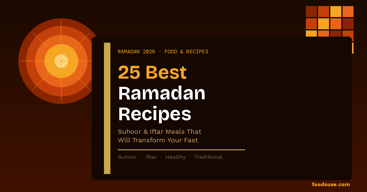 Warm amber and orange concentric circles representing a plate of food for the 25 best Ramadan 2026 suhoor and iftar recipes that transform your fast