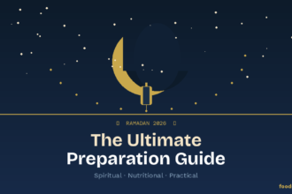A golden crescent moon and lantern against a deep navy starry night sky representing Ramadan 2026 ultimate preparation guide for fasting, suhoor, and iftar