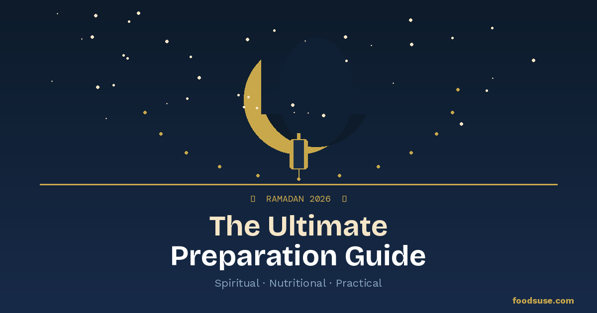 A golden crescent moon and lantern against a deep navy starry night sky representing Ramadan 2026 ultimate preparation guide for fasting, suhoor, and iftar