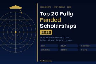 A gold graduation cap above globe meridian circles on a deep navy background representing the top 20 fully funded international scholarships to study abroad free in 2026