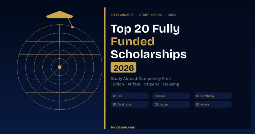 A gold graduation cap above globe meridian circles on a deep navy background representing the top 20 fully funded international scholarships to study abroad free in 2026