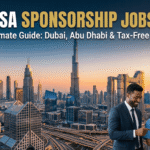 Promotional graphic for the "UAE Visa Sponsorship Jobs 2026" guide, featuring the sunset skyline of Dubai with the Burj Khalifa. In the foreground, three diverse professionals in business and medical attire smile while looking at a tablet displaying a "JOB OFFER" notification, next to a passport icon with a "VISA APPROVED" stamp.